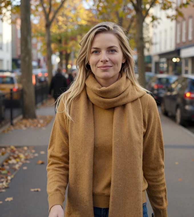 Blonde woman smiling on an autumn city walk, representing women open to veteran dating and finding love after military service