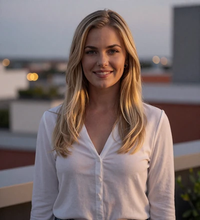 Blonde woman on a rooftop terrace at dusk, a verified member on our military pilot dating site