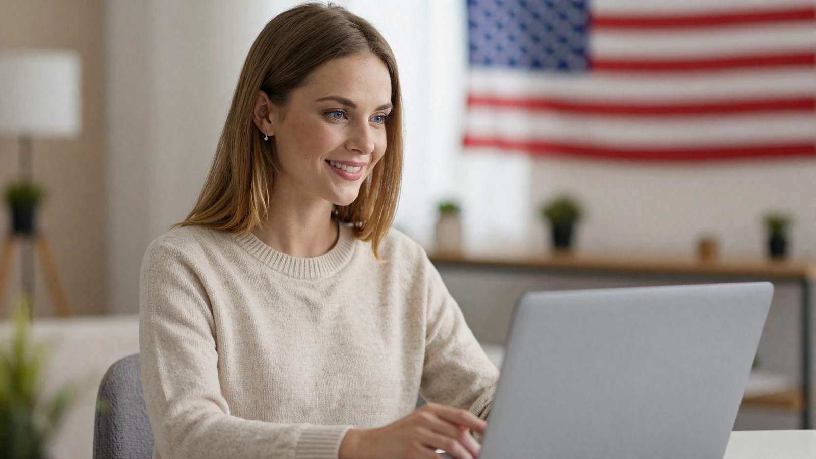 Woman smiling during a video call in a bright apartment, reaching support on our military dating site