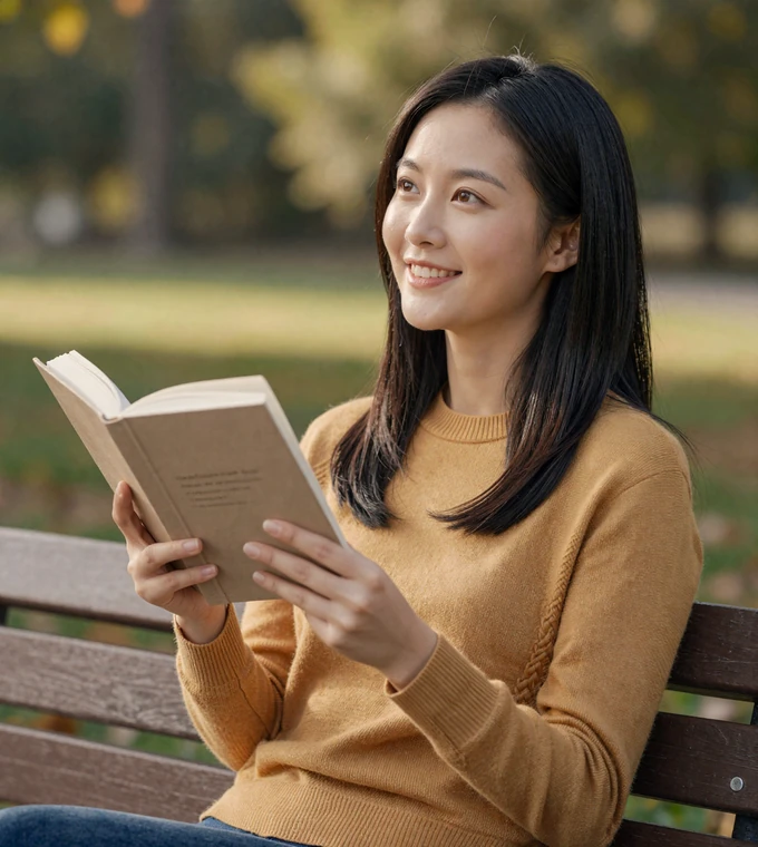 Asian woman reading on a park bench, showing the calm independence that helps when dating an army man on active duty