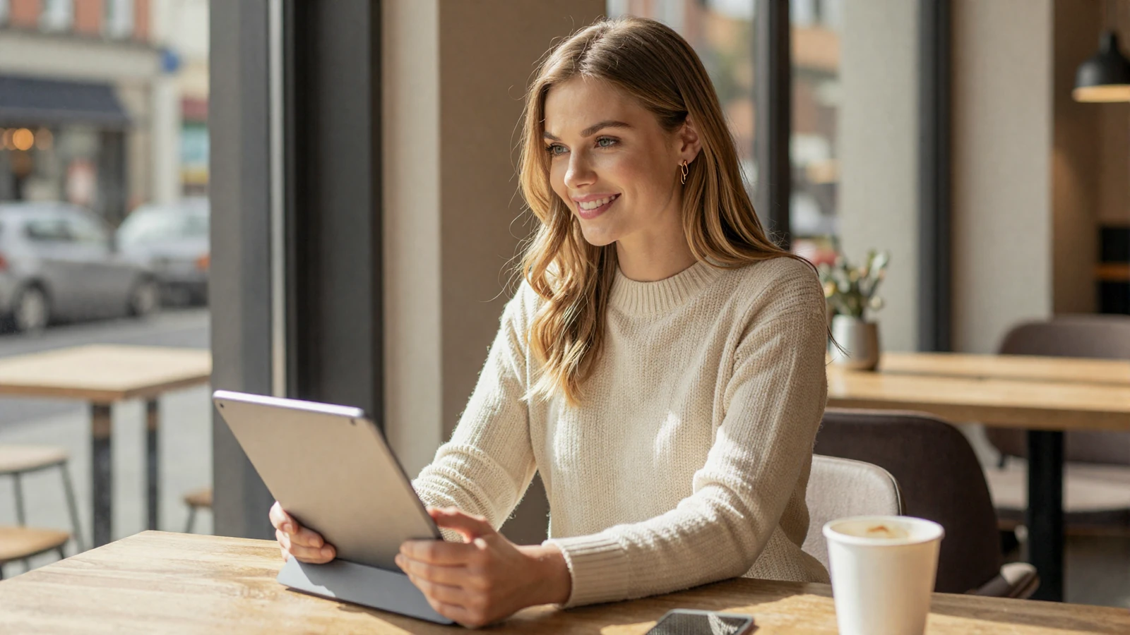 Woman smiling at a modern café with a tablet, illustrating how to choose the best military dating sites for serious relationships