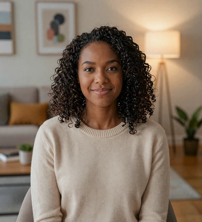 Black woman relaxing in a warm home interior, a verified member of our uniform dating community