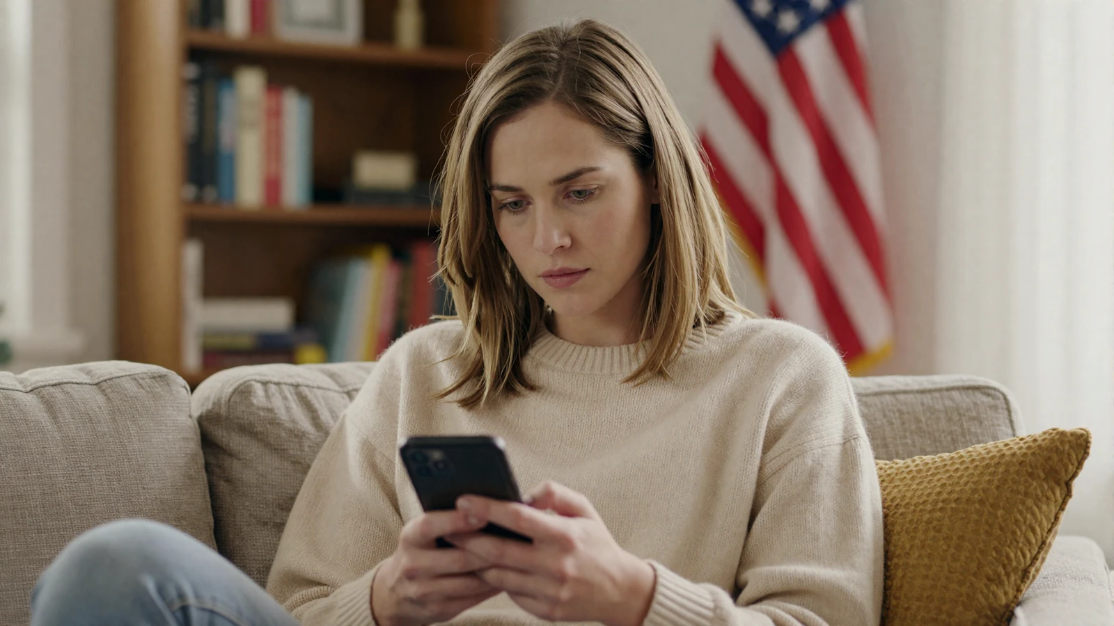 Woman thoughtfully reviewing her phone at home, illustrating how to spot military dating scams and stay safe online