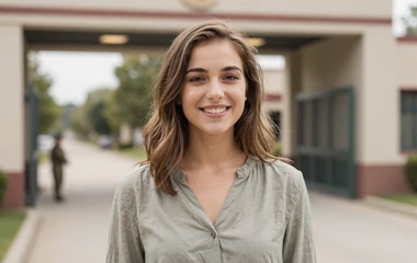 Woman near a blurred army base gate on the army dating category