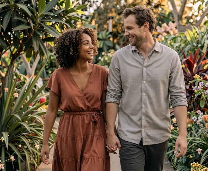 Happy couple laughing while walking through a botanical garden, showing lasting attraction in military relationships