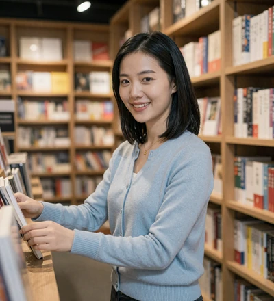Asian woman browsing a bookstore, a verified profile on our active duty dating site