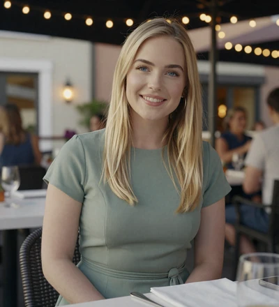 Blonde woman on a restaurant terrace, a verified army singles dating member seeking love