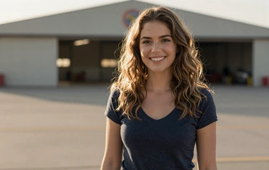 Woman near an airfield at golden hour on the military pilot dating category