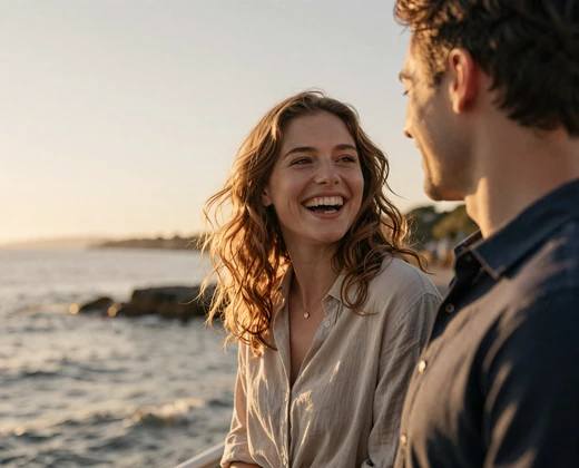 Happy couple enjoying a coastal weekend trip, an aviator dating success story