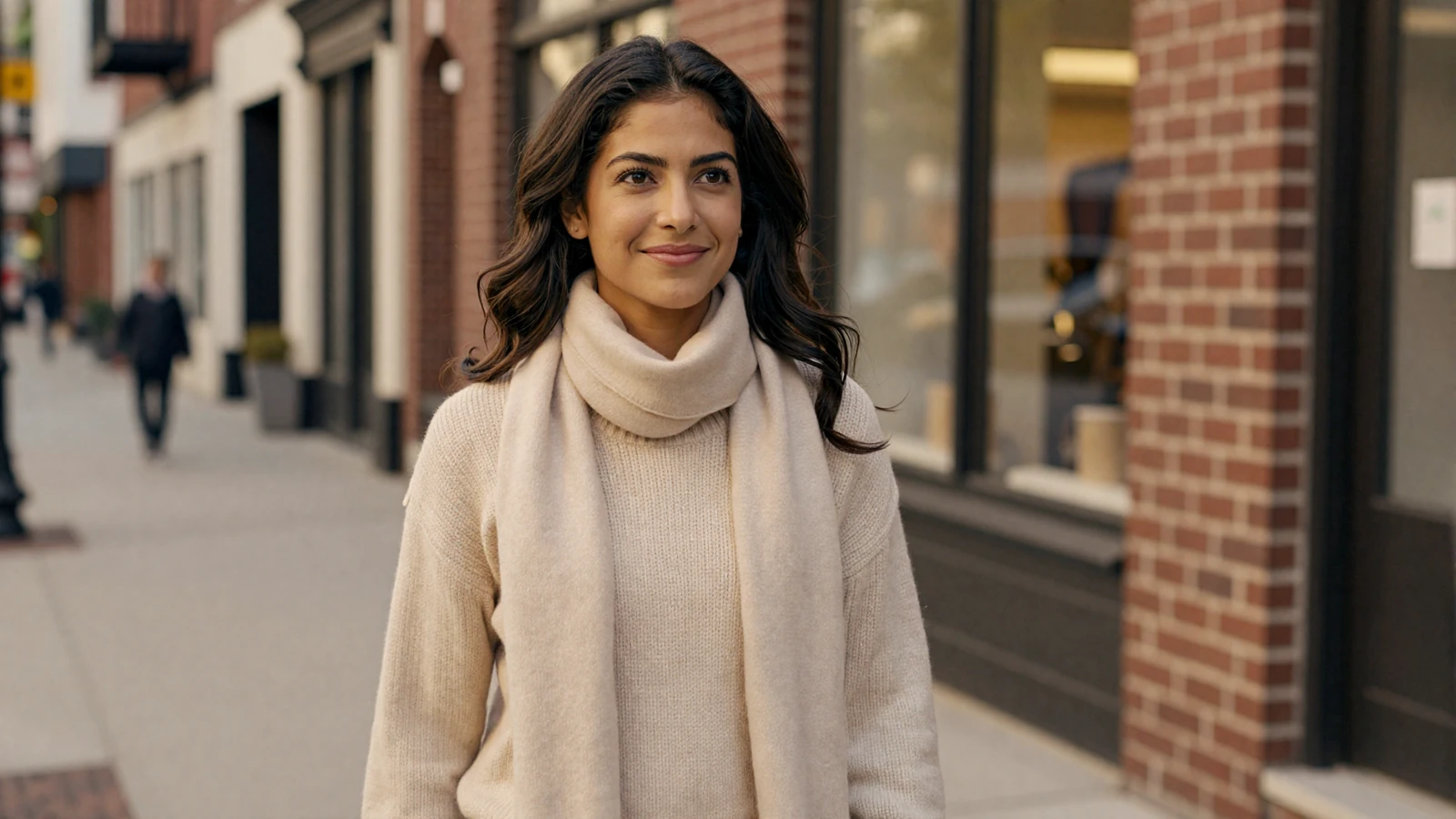 Mixed-ethnicity woman smiling on a warm city walk, illustrating what women seeking military men look for