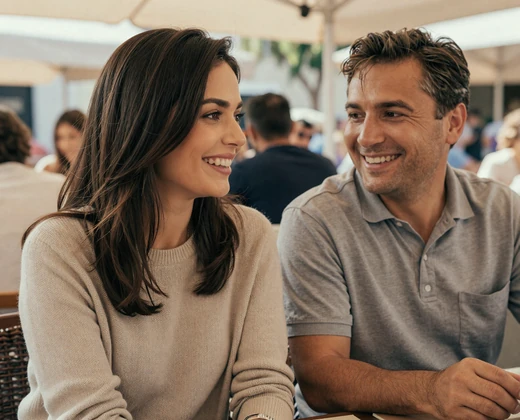 Happy couple at a restaurant terrace, a genuine veteran relationships success story