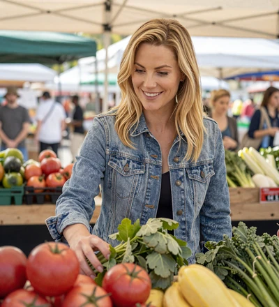 Blonde woman smiling at an outdoor farmers market, a verified member on our veteran dating site