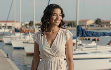 Woman at a marina waterfront on the navy dating category