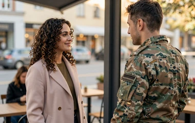 Woman meeting a man in uniform at a café on the uniform dating category
