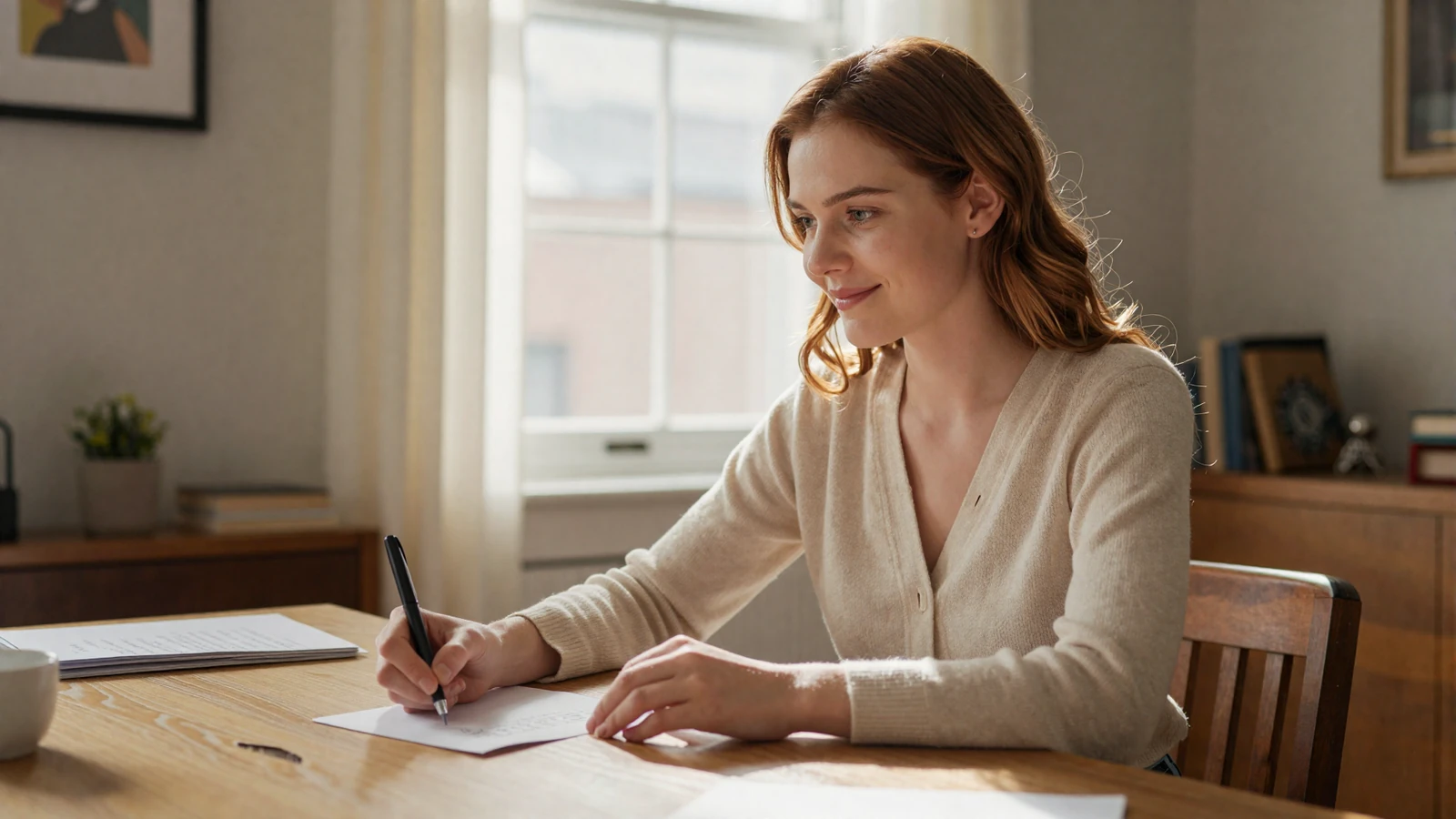 Woman writing a heartfelt letter by a sunlit window, illustrating how to date an active duty service member and stay connected