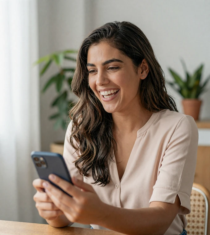 Latina woman laughing on a video call in a bright apartment, showing how couples stay close in a long distance military relationship