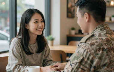 Woman meeting a man in uniform at a café on the uniform dating category