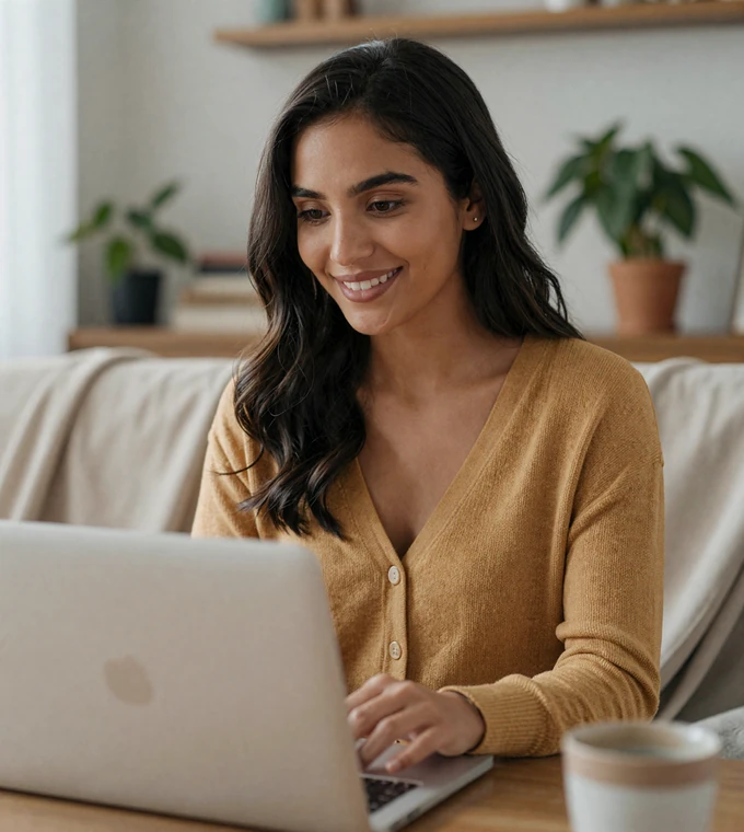 Latina woman smiling on a video call at her laptop, showing how single military men stay connected across distance