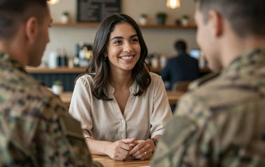 Woman meeting a man in uniform at a café on the uniform dating category