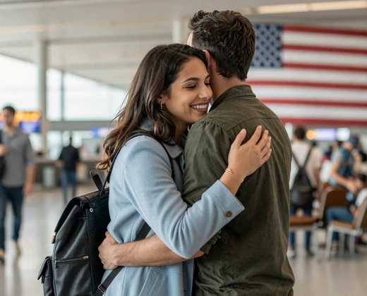 Woman greeting a man in army uniform at a homecoming, an army dating success story
