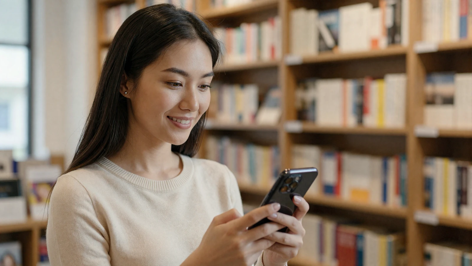Woman smiling at her phone in a bookstore while reviewing military dating safety tips