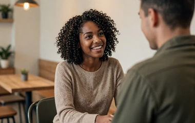 Woman meeting a man in uniform at a café on the uniform dating category