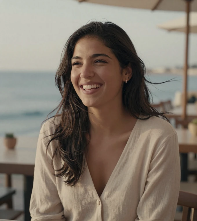 Latina woman laughing on a seaside café terrace, a member of our us navy dating community