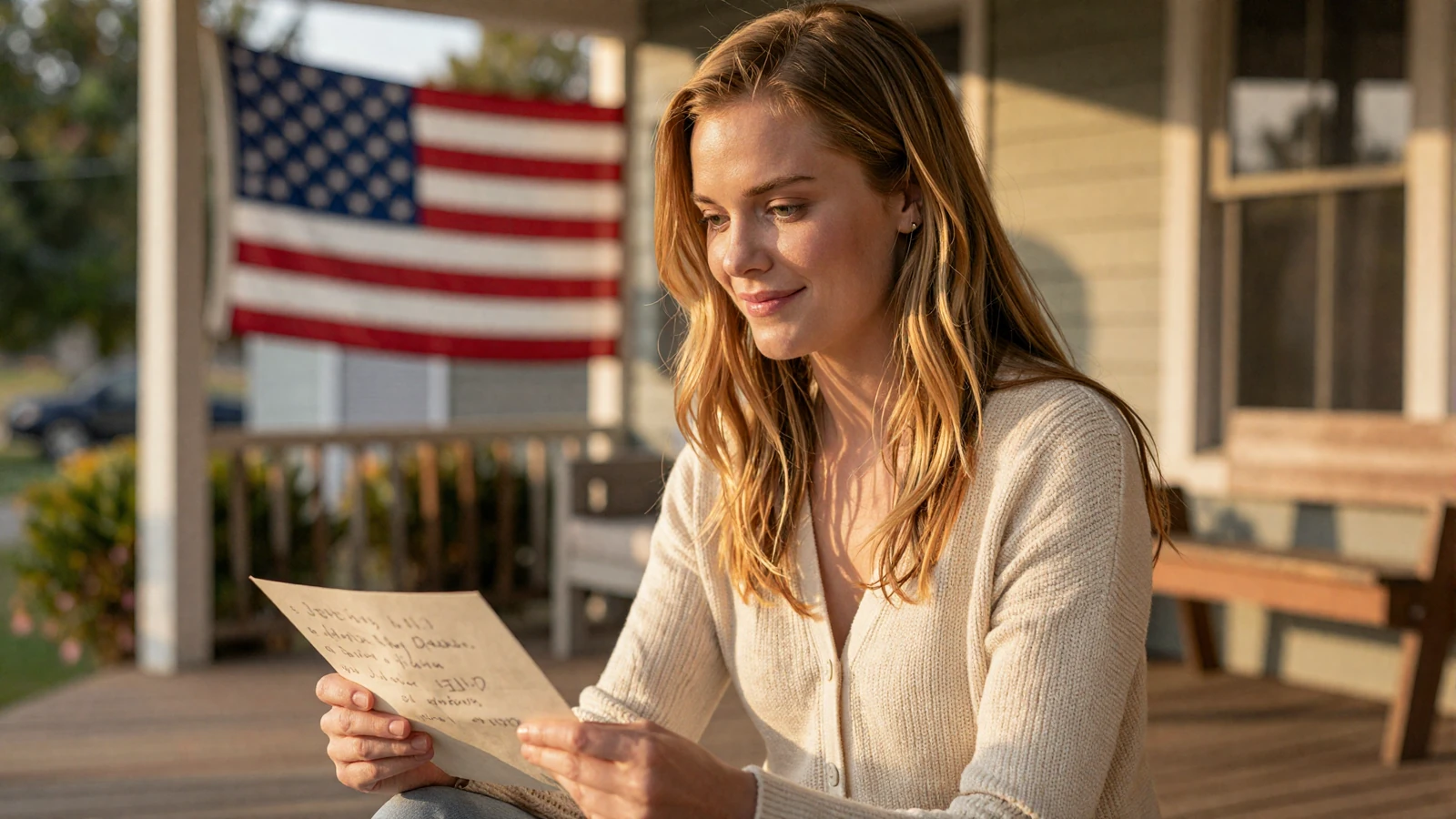 Woman reading a letter on a home porch at golden hour, illustrating dating a military man long distance during deployment
