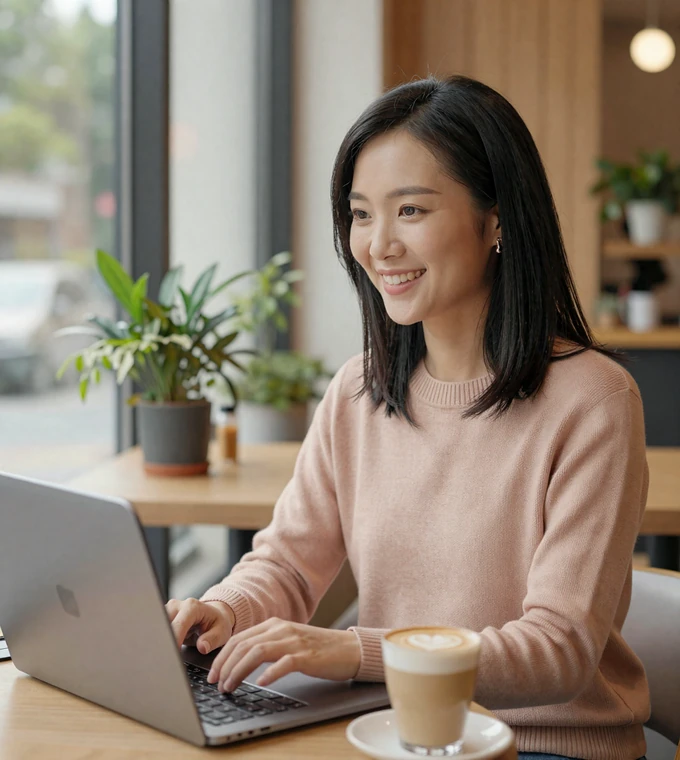 Asian woman smiling with a laptop at a bright café, representing meeting military men on a verified military dating site