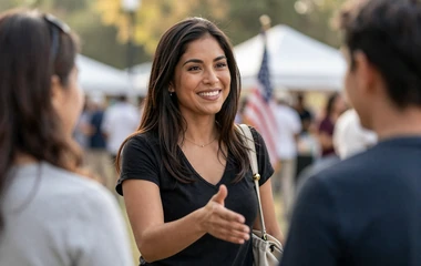 Woman smiling at a veteran community event on the veteran dating category