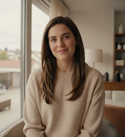 Brunette woman by a window in a modern apartment, a verified sailor dating site member