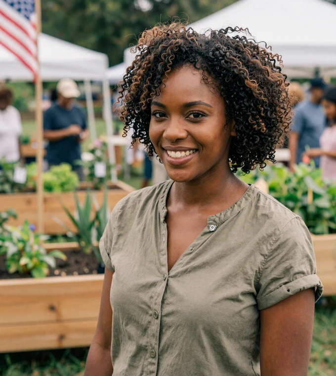 Black woman smiling at a veteran community garden event, showing the community support that helps veteran dating and relationships thrive