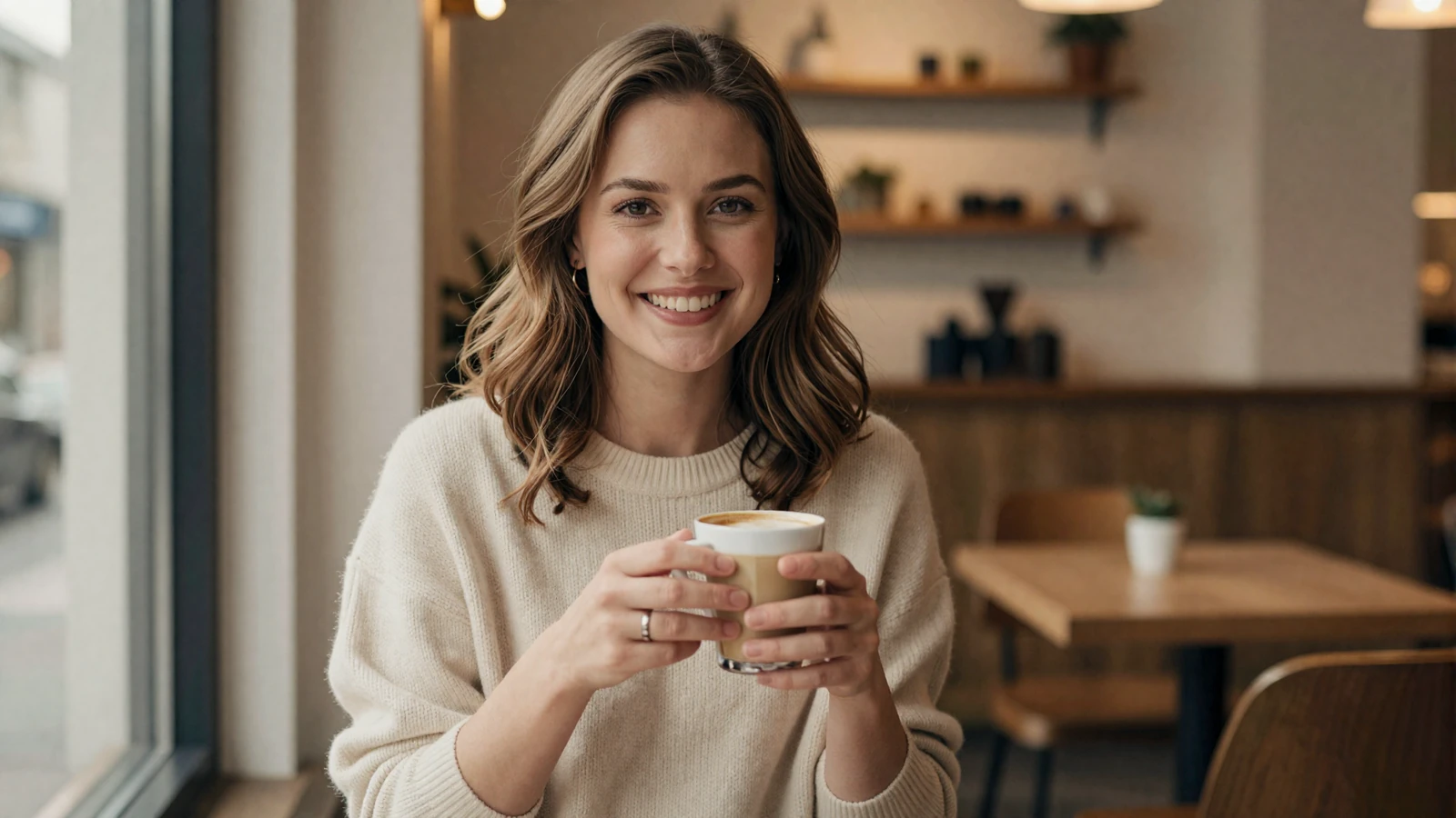 Woman smiling warmly at a coffee shop window seat, illustrating the best military dating tips for lasting relationships