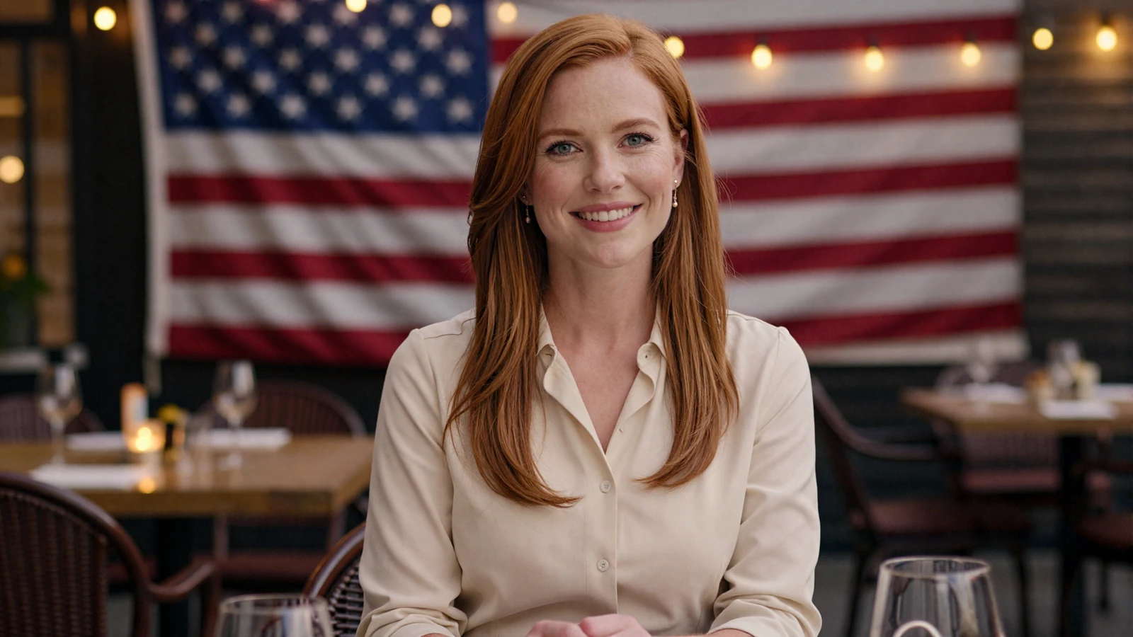 Auburn-haired woman smiling on a restaurant terrace at dusk on our uniform dating site for men in uniform