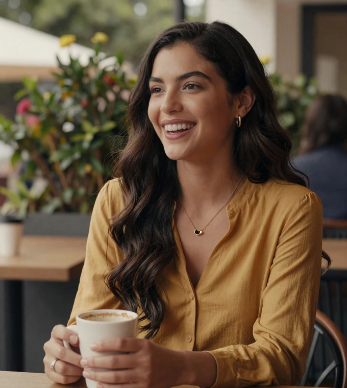 Latina woman laughing over coffee at an outdoor café, a genuine military singles dating match
