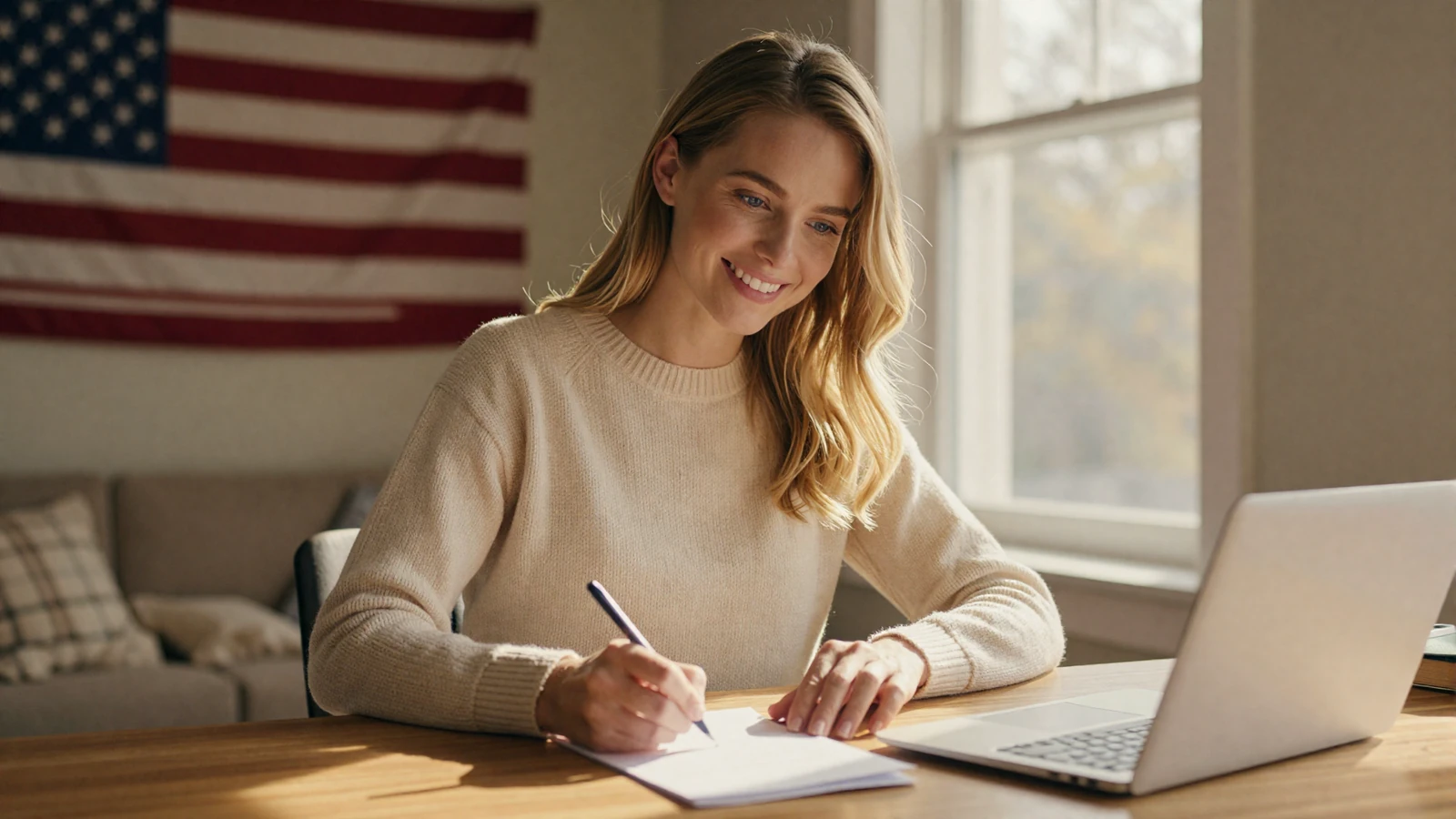 Woman smiling while writing at a sunlit desk in warm morning light, illustrating tips for a long distance military relationship