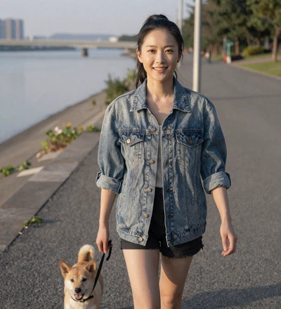 Asian woman walking a dog by a river, a verified profile on our soldier dating site