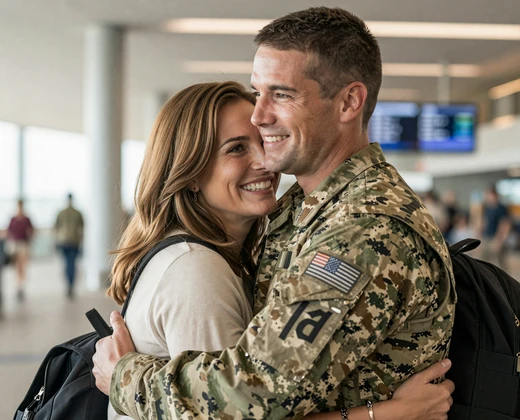 Woman embracing a service member at an airport homecoming, a military dating success story