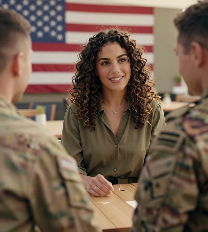 Woman meeting a man in uniform at an outdoor café, showing how to safely meet military men in person