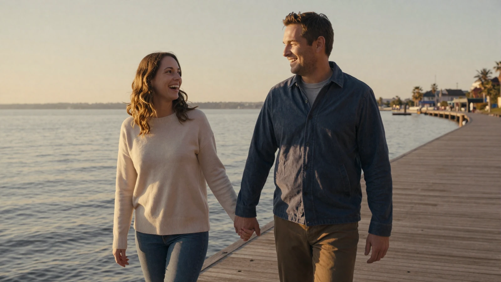 Happy couple walking hand in hand along a waterfront at sunset, illustrating why military men make great long-term partners