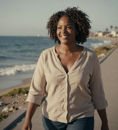 Black woman on a coastal boardwalk, a verified us navy dating profile seeking love