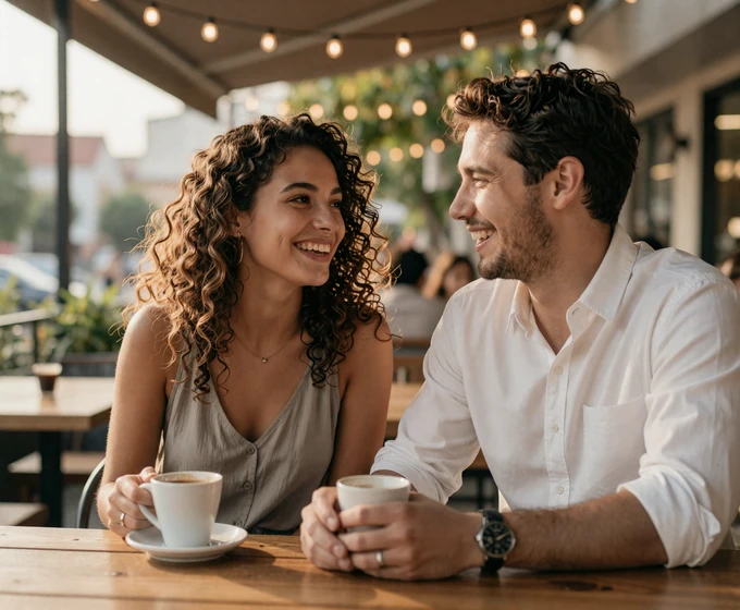 Happy couple laughing together at an outdoor café, showing military dating tips that keep relationships strong
