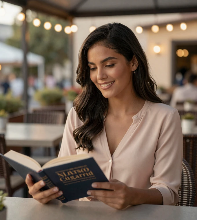 Latina woman reading on a restaurant terrace at golden hour, a member of our safe military social network
