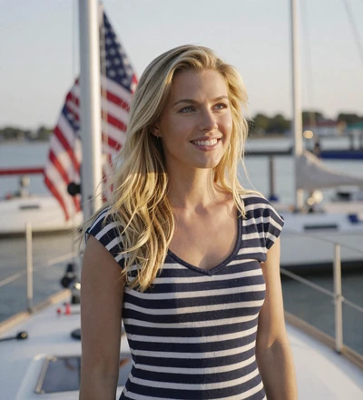 Blonde woman on a sailboat deck, a verified member on our navy dating site