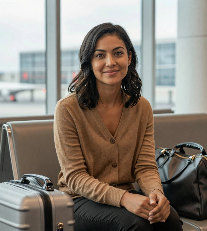 Mixed-ethnicity woman relaxing in an airport lounge with weekend luggage, a member of our aviation singles dating community