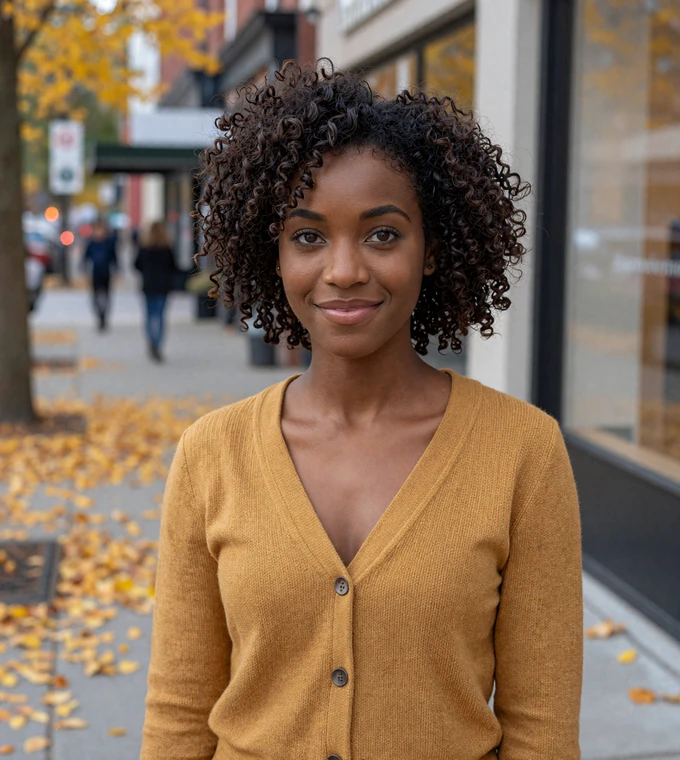 Woman on an autumn city walk, a verified member who values military dating safety
