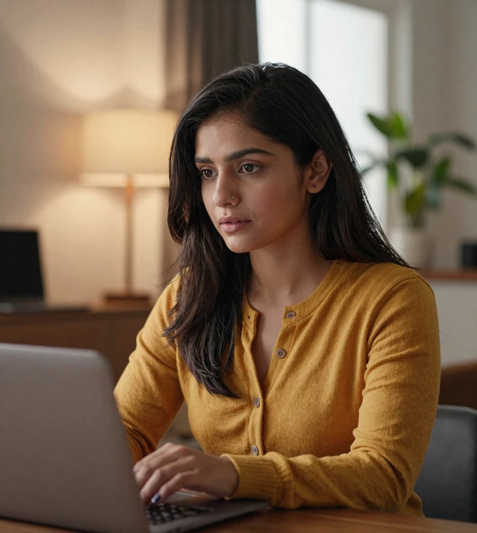 Woman looking cautiously at a laptop in a cozy apartment, representing awareness of military dating scams and fake profiles