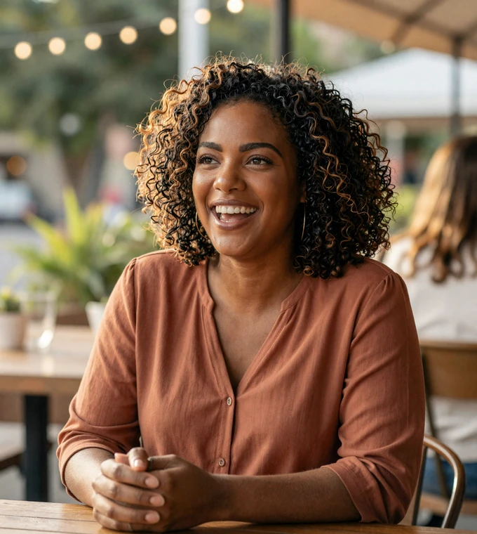 Black woman laughing on a restaurant terrace, reflecting the relationship-focused feel of a niche military dating site