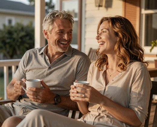 Late-40s veteran couple laughing on a home porch, a veteran dating success story