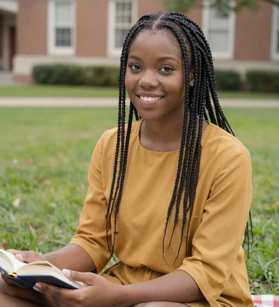 Black woman smiling on a university campus lawn, a verified member on our army dating site